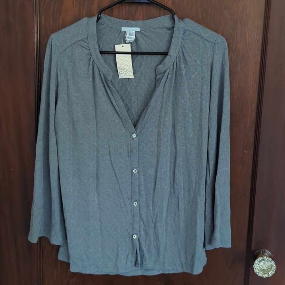 New with Tags Eberjey Blue Gray Button Front 3/4 Sleeve Lightweight Blouse Sz S
